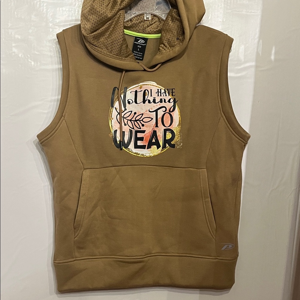 Tan Sleeveless Hoodie with Graphic Print. This is a size large. Hoodie sweats
